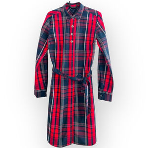 Tommy Hilfiger Red Navy Plaid Shirt mini collar Longsleeve cotton dress belt S
